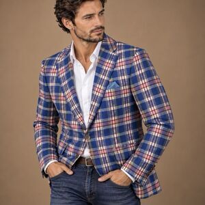 Tallia Vago Mens 42L 100% Linen Blazer Royal Blue Plaid Sport Coat NWT